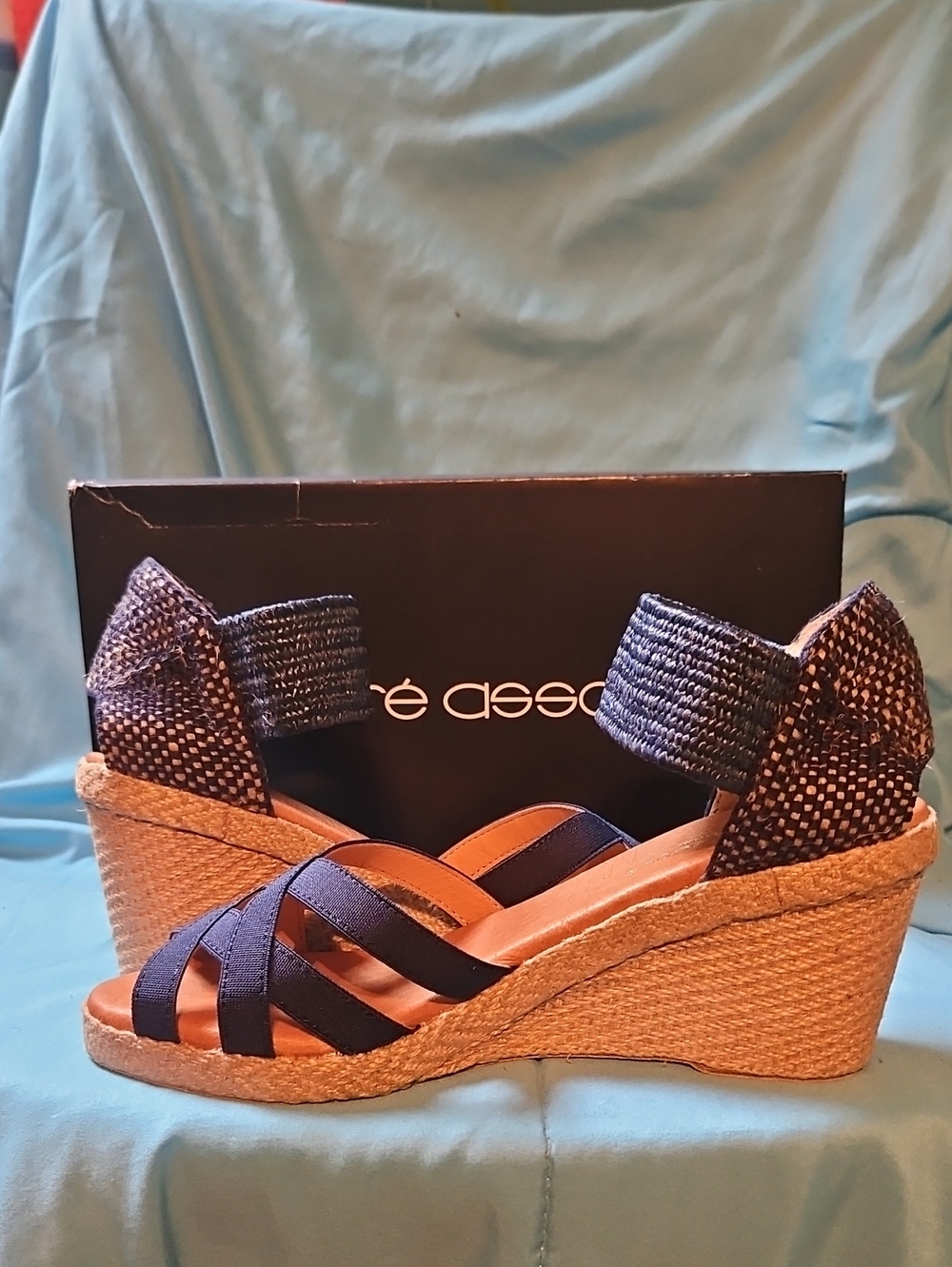 Andre Assous Navy Blue Woven Espadrille Wedge Sandals